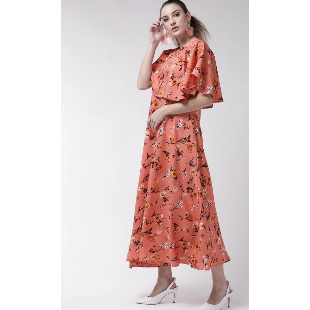 Amfyn Women's Crepe Floral Half Sleeves Full Length Gown(Orange)