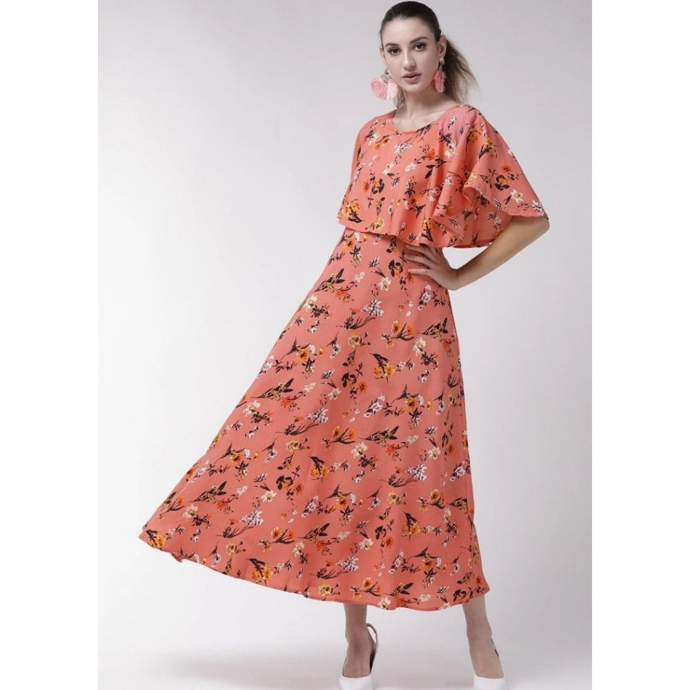 Amfyn Women's Crepe Floral Half Sleeves Full Length Gown(Orange)