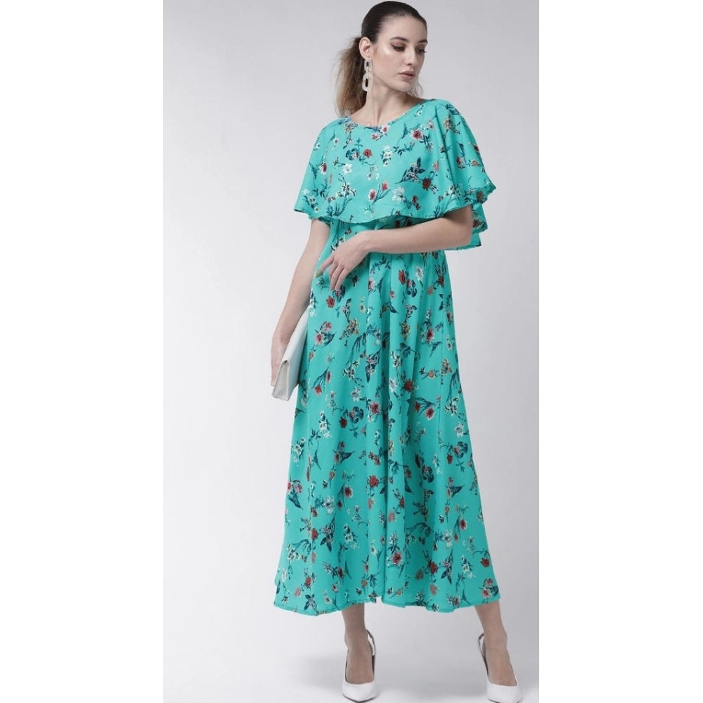 Amfyn Women's Crepe Floral Half Sleeves Full Length Gown(Turquoise)