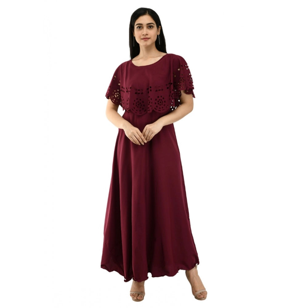 Amfyn Women's Crepe Solid Sleeveless Full Length Gown(Wine)