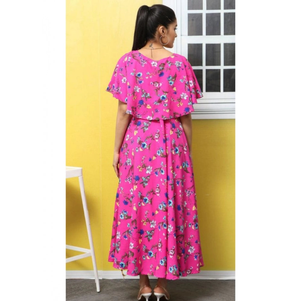 Amfyn Women's Crepe Floral Half Sleeves Full Length Gown(Pink)