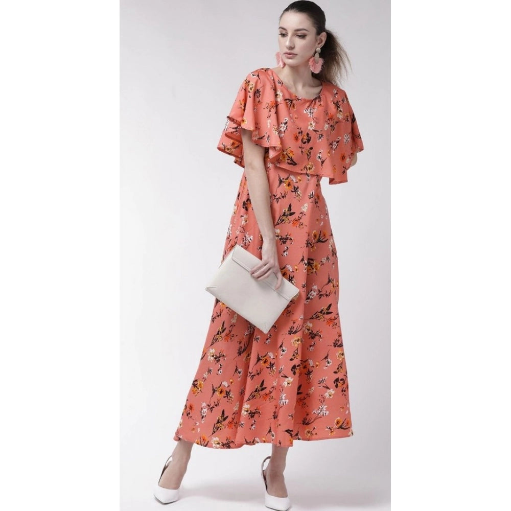 Amfyn Women's Crepe Floral Half Sleeves Full Length Gown(Orange)