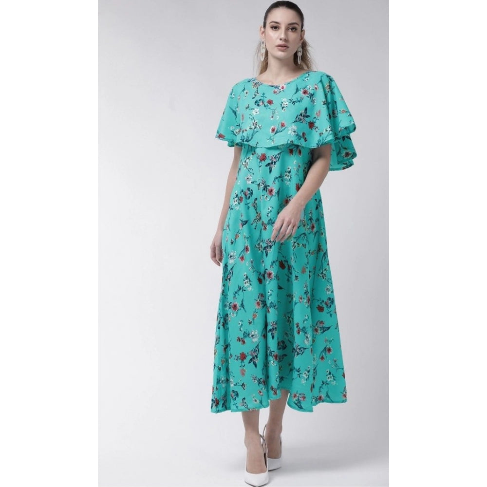 Amfyn Women's Crepe Floral Half Sleeves Full Length Gown(Turquoise)