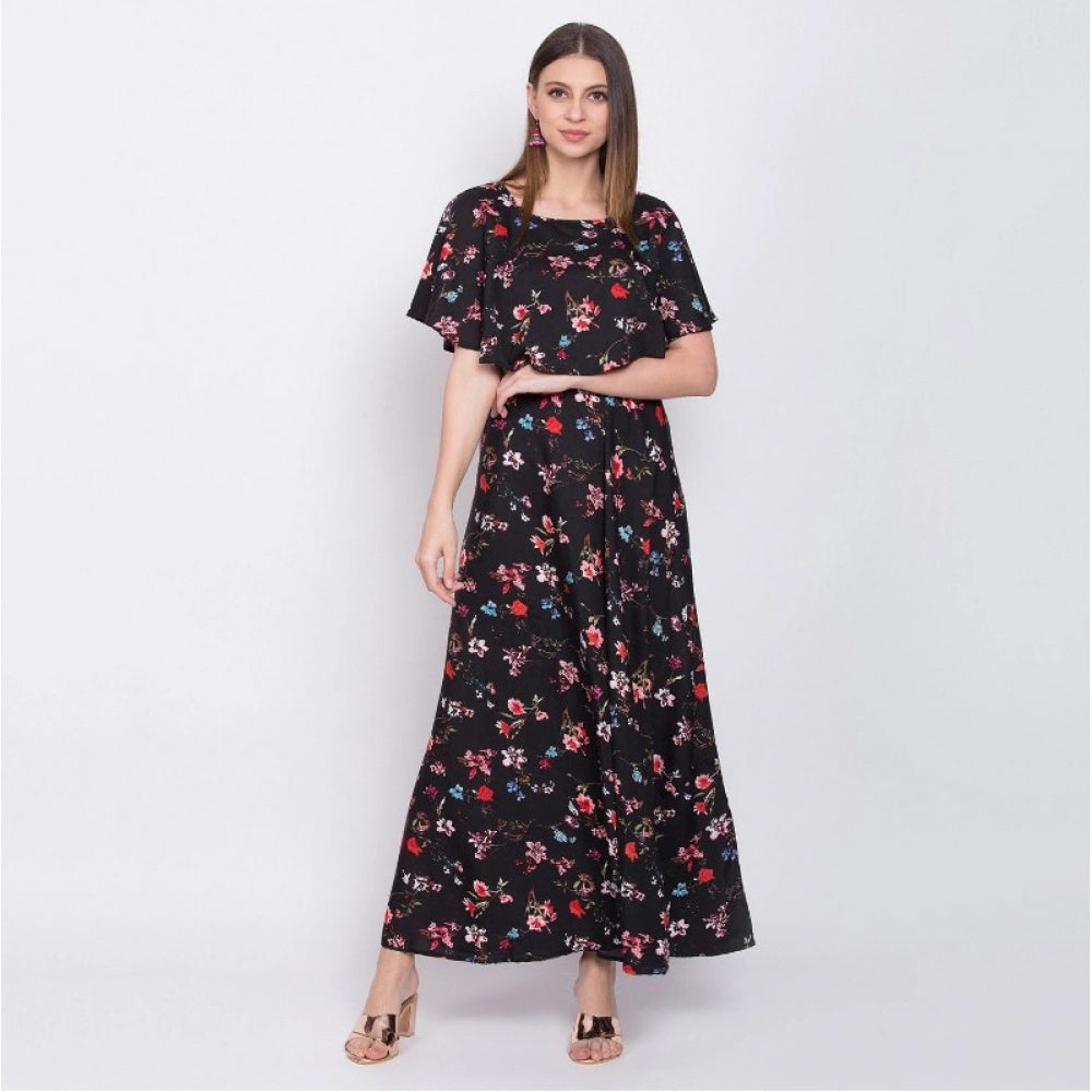 Amfyn Women's Crepe Floral Half Sleeves Full Length Gown(Black)