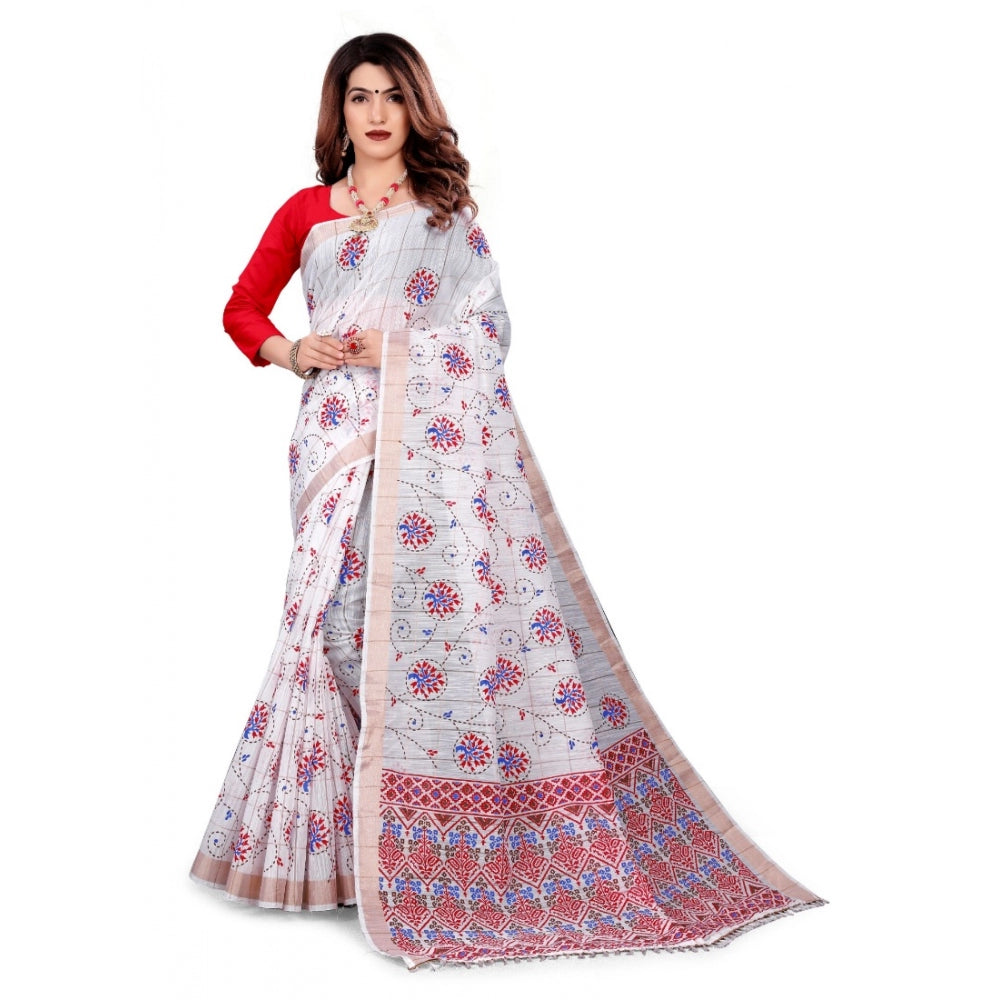 Amfyn Women's Cotton Blend Saree(White ,5-6Mtrs)