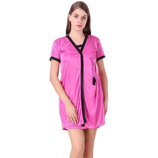 Women's Satin Short Wrap Gown with Half Sleeve(Color: Pink and Black, Neck Type: V Neck)