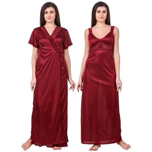 Women's Satin 2 PCs Set of Nighty And Wrap Gown with Half Sleeve(Color: Maroon, Neck Type: Sweatheart Neck)