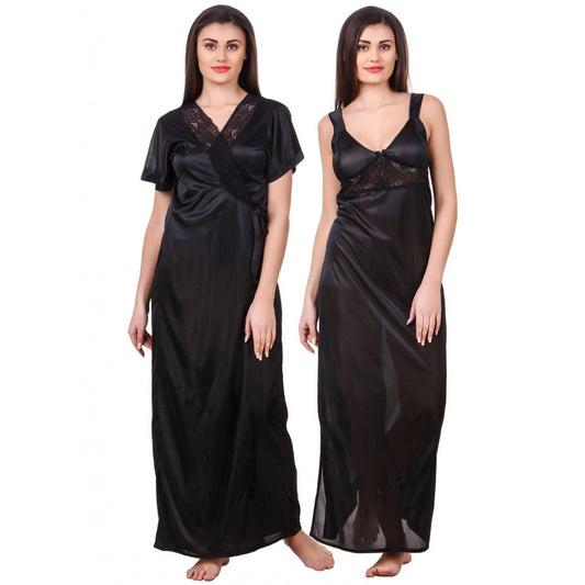 Women's Satin 2 PCs Set of Nighty And Wrap Gown with Half Sleeve(Color: Black, Neck Type: Sweatheart Neck)