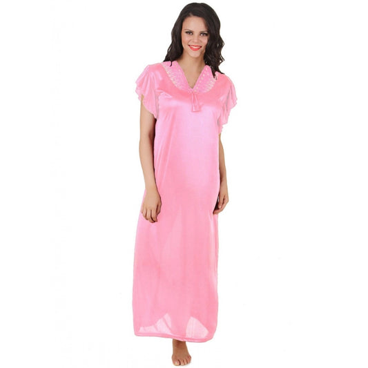 Women's Satin Long Nighty Frill Sleeve(Color: Baby Pink, Neck Type: V Neck)