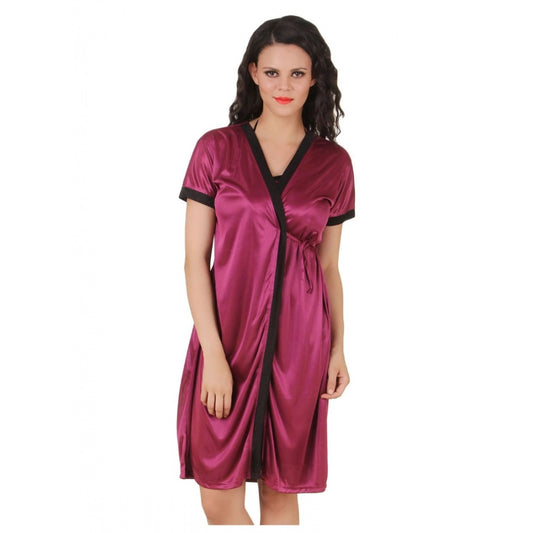 Women's Satin Short Wrap Gown with Half Sleeve(Color: Dark Wine and Black, Neck Type: V Neck)