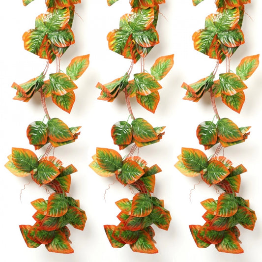 Amfyn Pack Of 5 Silk Polyester Artificial Shaded Orange Green Leaf Vine Hanging Garland Foliage Flowers Leaf Plants For Wall Decoration (Color: Orange-Green,Length: 15 Feet)