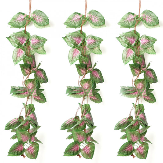 Amfyn Pack Of 5 Silk Polyester Artificial Shaded Pink Green Leaf Vine Hanging Garland Foliage Flowers Leaf Plants For Wall Decoration (Color: Pink-Green,Length: 15 Feet)