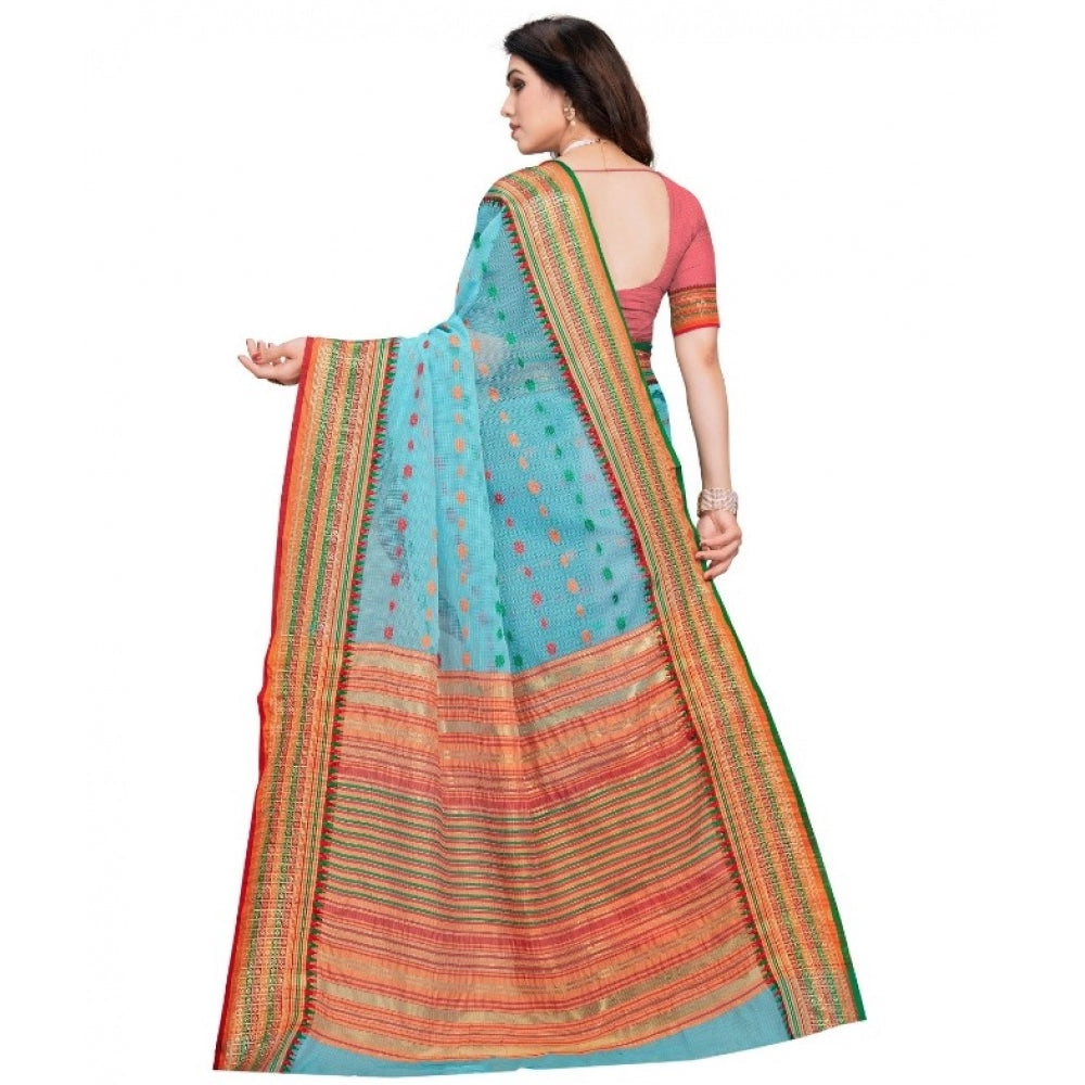 Amfyn Women's Kota Doria Cotton Woven Butta Saree With Blouse (Sky Blue, 5-6 Mtrs)