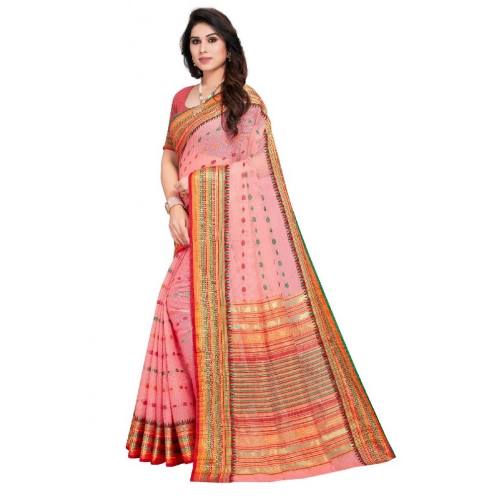 Amfyn Women's Kota Doria Cotton Woven Butta Saree With Blouse (Pink, 5-6 Mtrs)