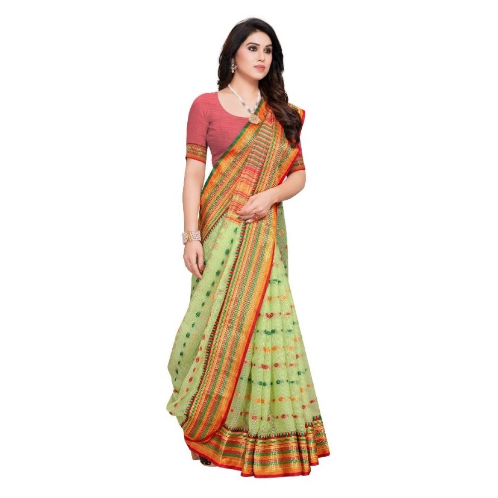 Amfyn Women's Kota Doria Cotton Woven Butta Saree With Blouse (Light Green, 5-6 Mtrs)