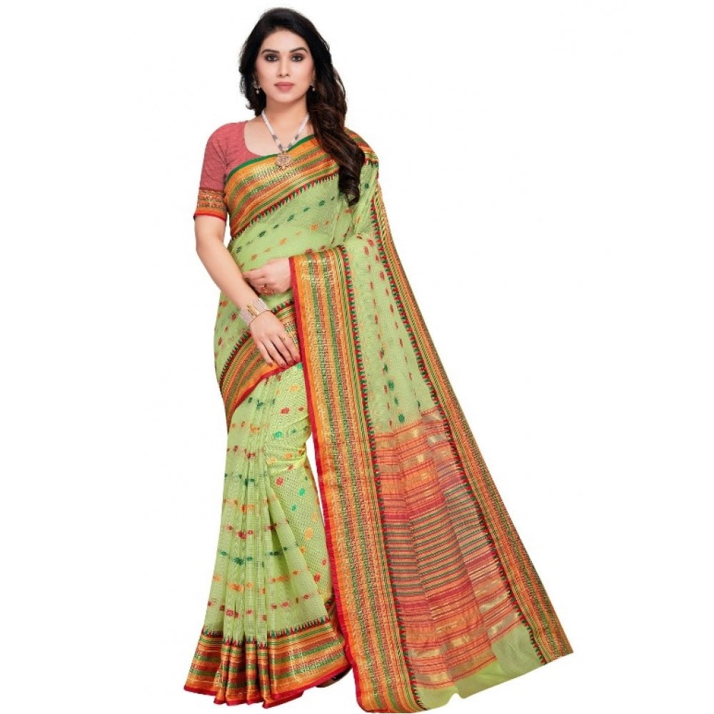 Amfyn Women's Kota Doria Cotton Woven Butta Saree With Blouse (Light Green, 5-6 Mtrs)