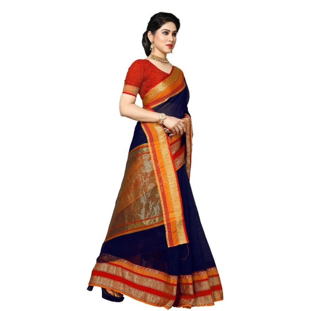 Amfyn Women's Kota Doria Cotton Border Saree With Blouse (Navy Blue, 5-6 Mtrs)