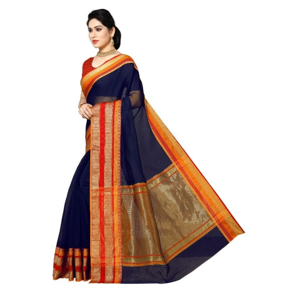 Amfyn Women's Kota Doria Cotton Border Saree With Blouse (Navy Blue, 5-6 Mtrs)