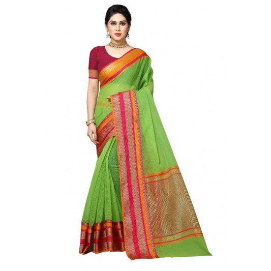 Amfyn Women's Kota Doria Cotton Border Saree With Blouse (Light Green, 5-6 Mtrs)