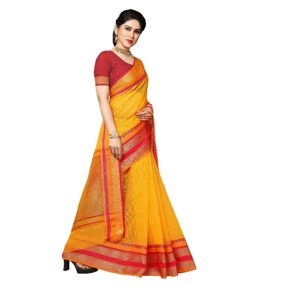 Amfyn Women's Kota Doria Cotton Border Saree With Blouse (Gold, 5-6 Mtrs)