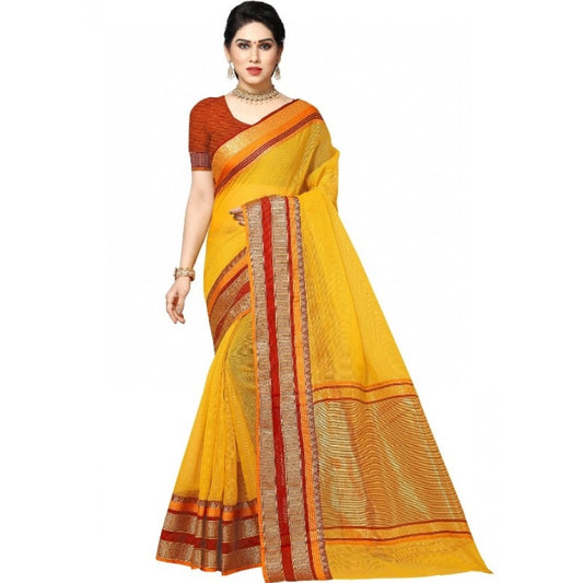 Amfyn Women's Kota Doria Cotton Border Saree With Blouse (Yellow, 5-6 Mtrs)