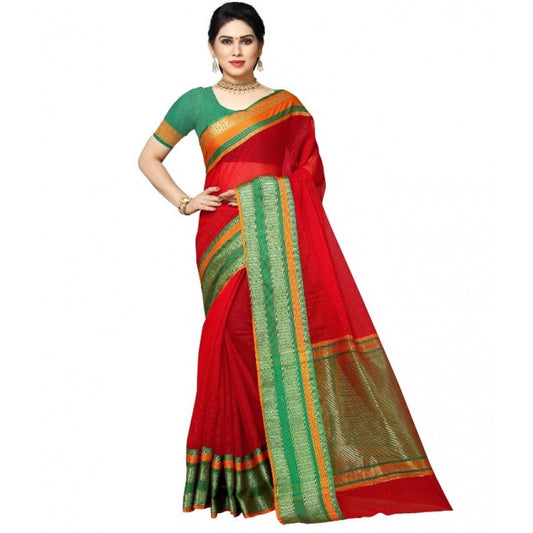 Amfyn Women's Kota Doria Cotton Border Saree With Blouse (Red, 5-6 Mtrs)