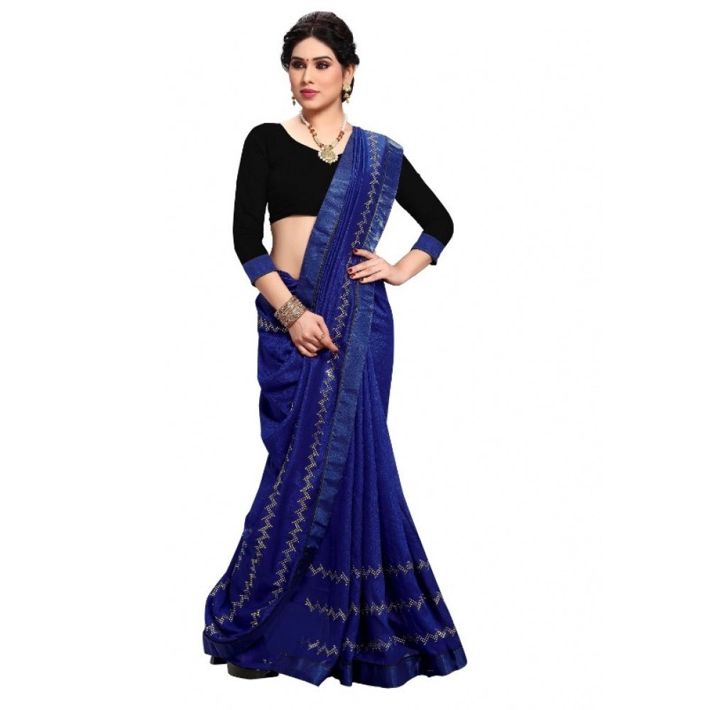 Amfyn Women's Vichitra Silk HotFix Stone Work Saree With Blouse (Blue, 5-6 Mtrs)