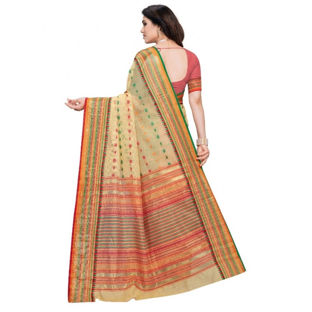 Amfyn Women's Kota Doria Cotton Woven Butta Saree With Blouse (Beige, 5-6 Mtrs)