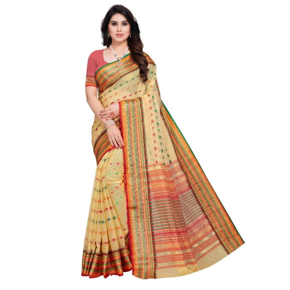 Amfyn Women's Kota Doria Cotton Woven Butta Saree With Blouse (Beige, 5-6 Mtrs)