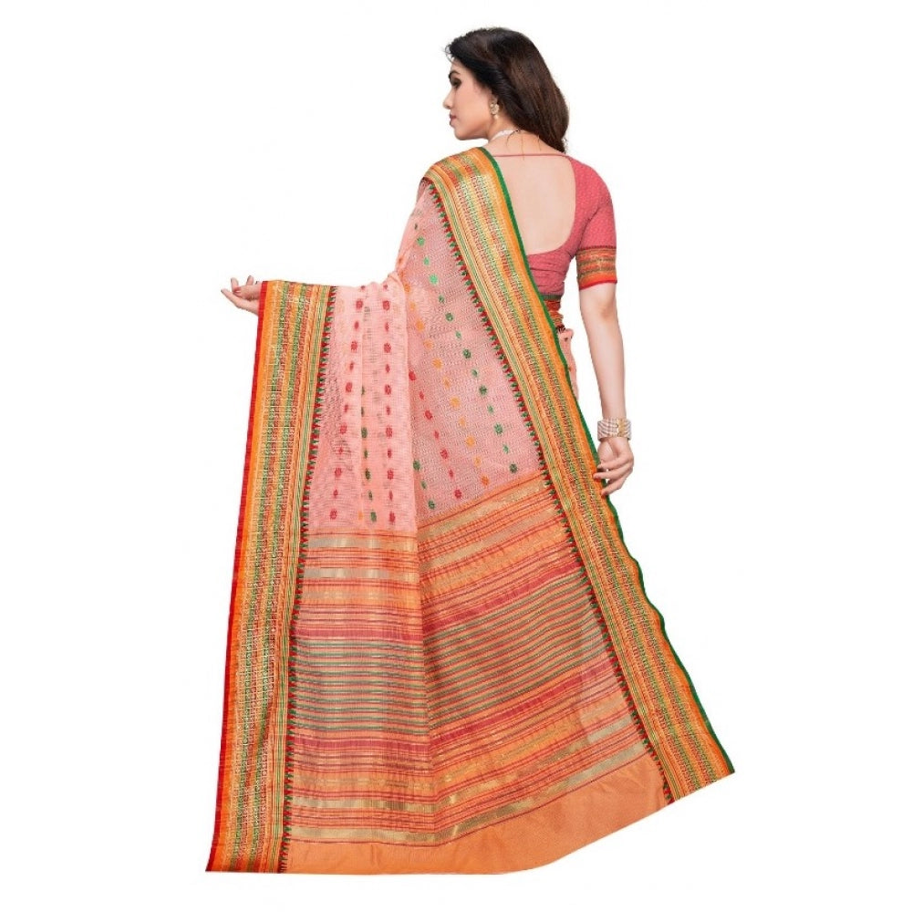 Amfyn Women's Kota Doria Cotton Woven Butta Saree With Blouse (Peach, 5-6 Mtrs)