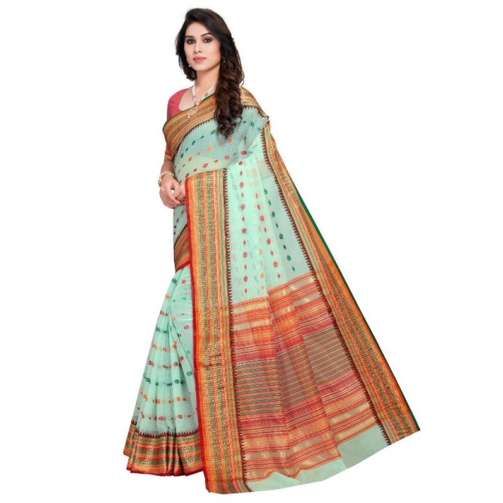 Amfyn Women's Kota Doria Cotton Woven Butta Saree With Blouse (Pista, 5-6 Mtrs)