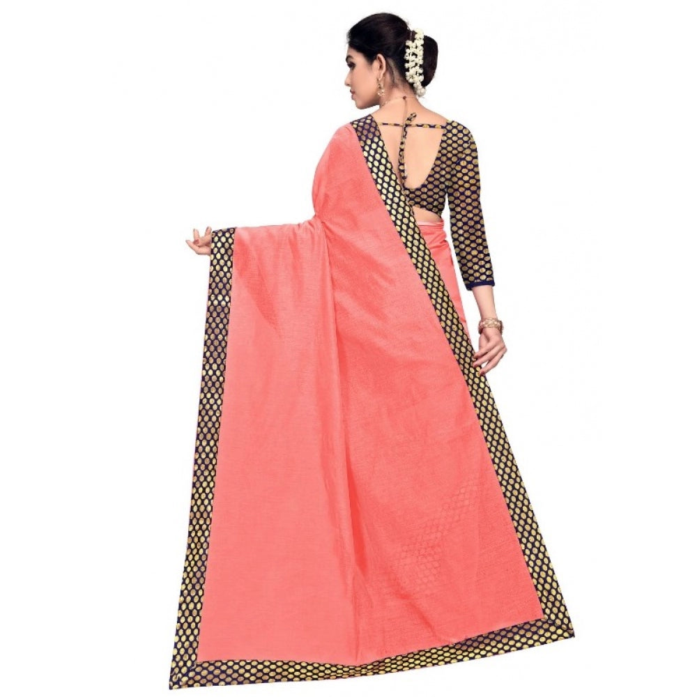 Amfyn Women's Chanderi Cotton Lace Border Saree With Blouse (Peach, 5-6 Mtrs)