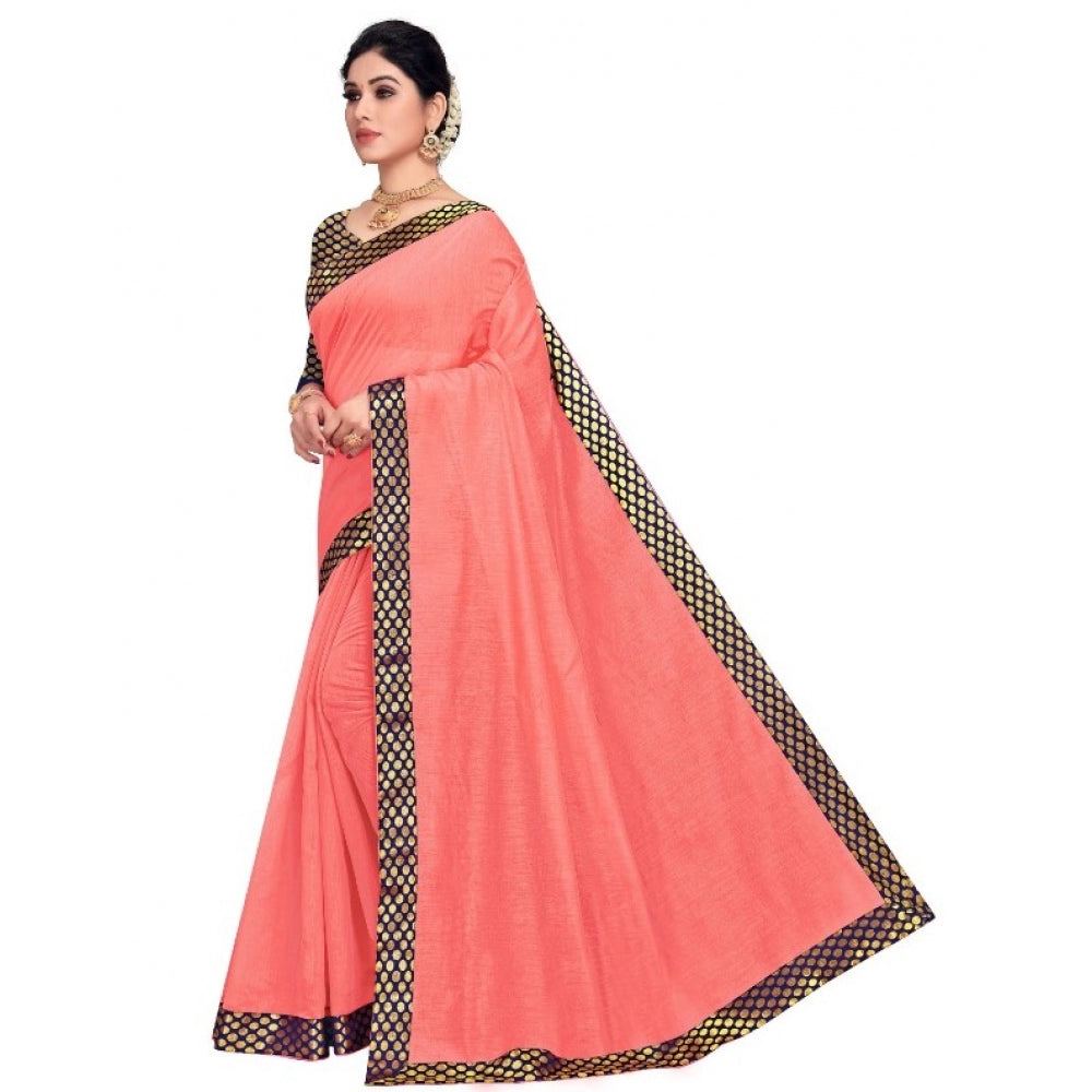 Amfyn Women's Chanderi Cotton Lace Border Saree With Blouse (Peach, 5-6 Mtrs)