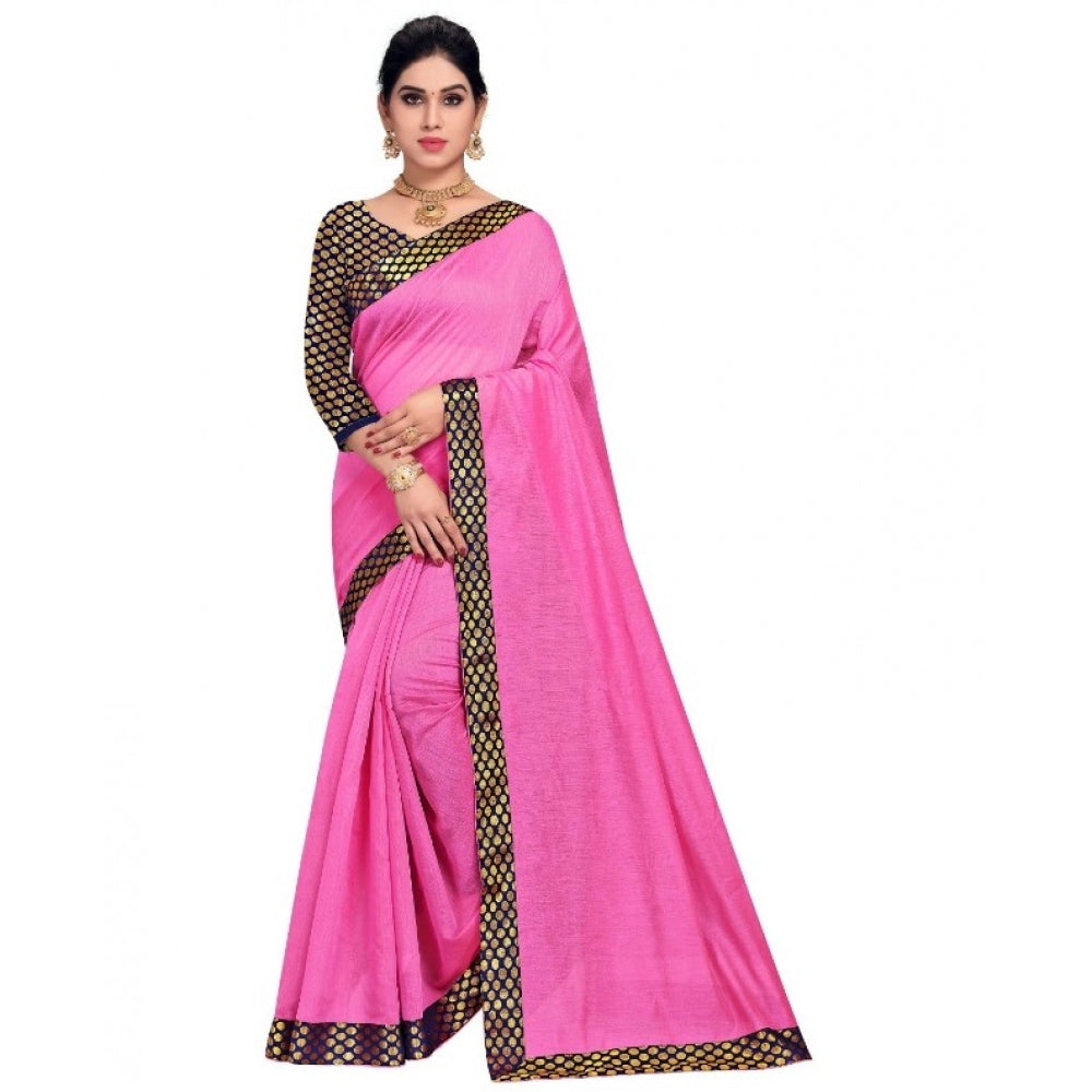 Amfyn Women's Chanderi Cotton Lace Border Saree With Blouse (Pink, 5-6 Mtrs)