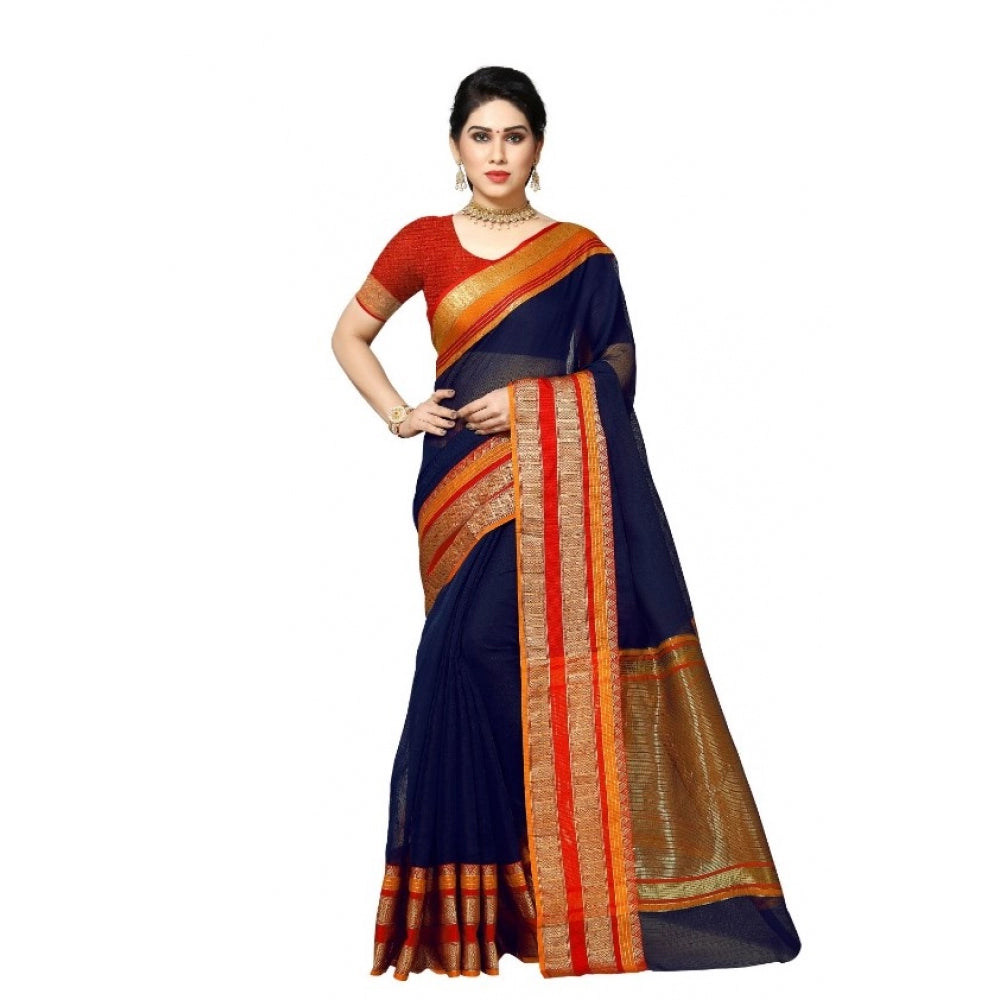 Amfyn Women's Kota Doria Cotton Border Saree With Blouse (Navy Blue, 5-6 Mtrs)