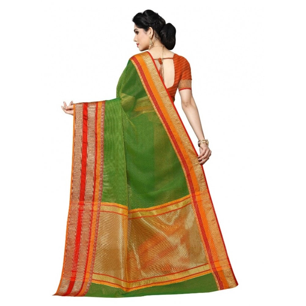 Amfyn Women's Kota Doria Cotton Border Saree With Blouse (Green, 5-6 Mtrs)