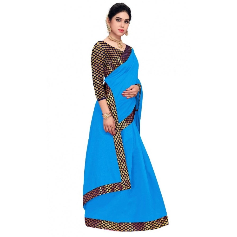 Amfyn Women's Chanderi Cotton Lace Border Saree With Blouse (Sky Blue, 5-6 Mtrs)