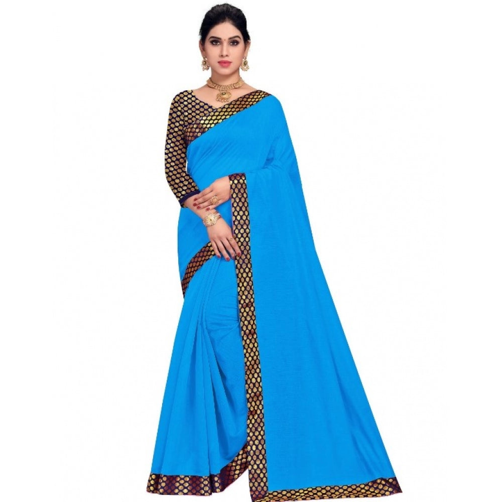 Amfyn Women's Chanderi Cotton Lace Border Saree With Blouse (Sky Blue, 5-6 Mtrs)