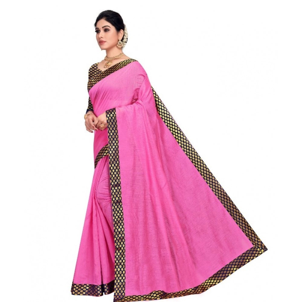 Amfyn Women's Chanderi Cotton Lace Border Saree With Blouse (Pink, 5-6 Mtrs)