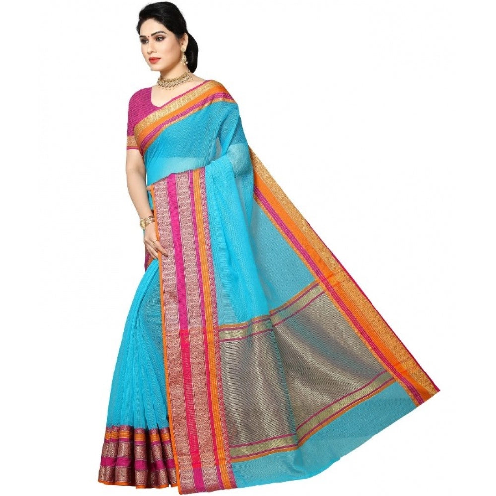 Amfyn Women's Kota Doria Cotton Border Saree With Blouse (Sky Blue, 5-6 Mtrs)