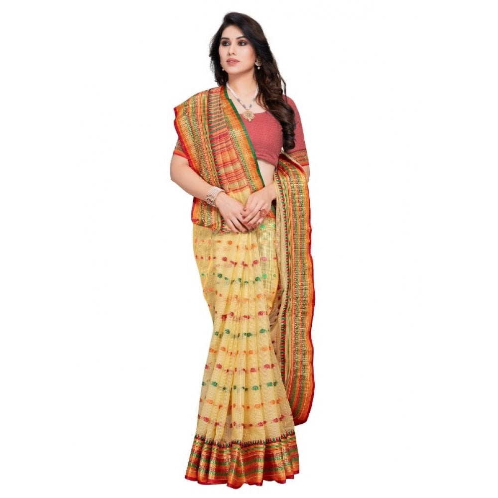 Amfyn Women's Kota Doria Cotton Woven Butta Saree With Blouse (Beige, 5-6 Mtrs)