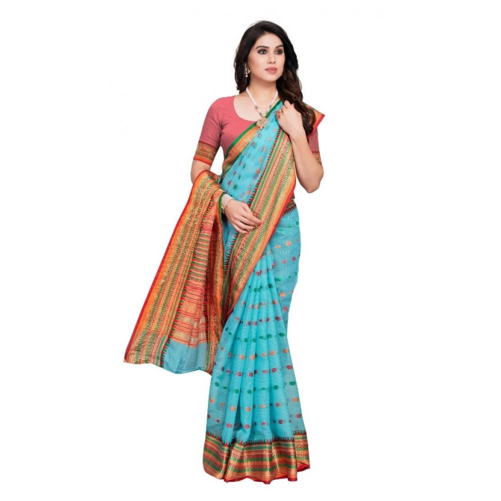 Amfyn Women's Kota Doria Cotton Woven Butta Saree With Blouse (Sky Blue, 5-6 Mtrs)