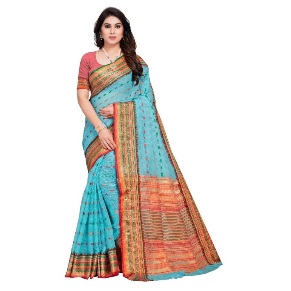 Amfyn Women's Kota Doria Cotton Woven Butta Saree With Blouse (Sky Blue, 5-6 Mtrs)