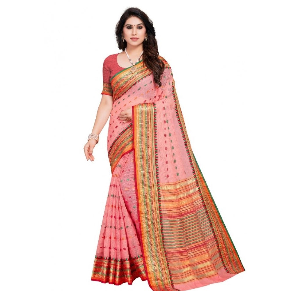 Amfyn Women's Kota Doria Cotton Woven Butta Saree With Blouse (Pink, 5-6 Mtrs)