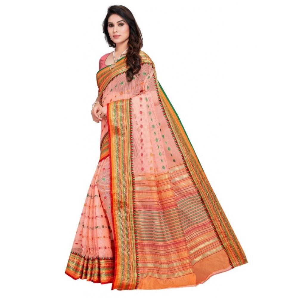 Amfyn Women's Kota Doria Cotton Woven Butta Saree With Blouse (Peach, 5-6 Mtrs)