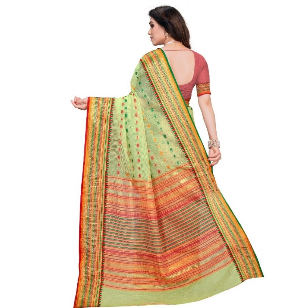 Amfyn Women's Kota Doria Cotton Woven Butta Saree With Blouse (Light Green, 5-6 Mtrs)