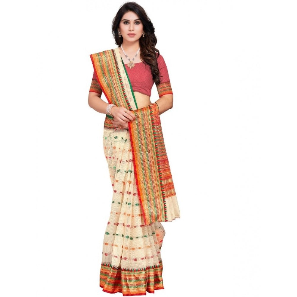 Amfyn Women's Kota Doria Cotton Woven Butta Saree With Blouse (Cream, 5-6 Mtrs)