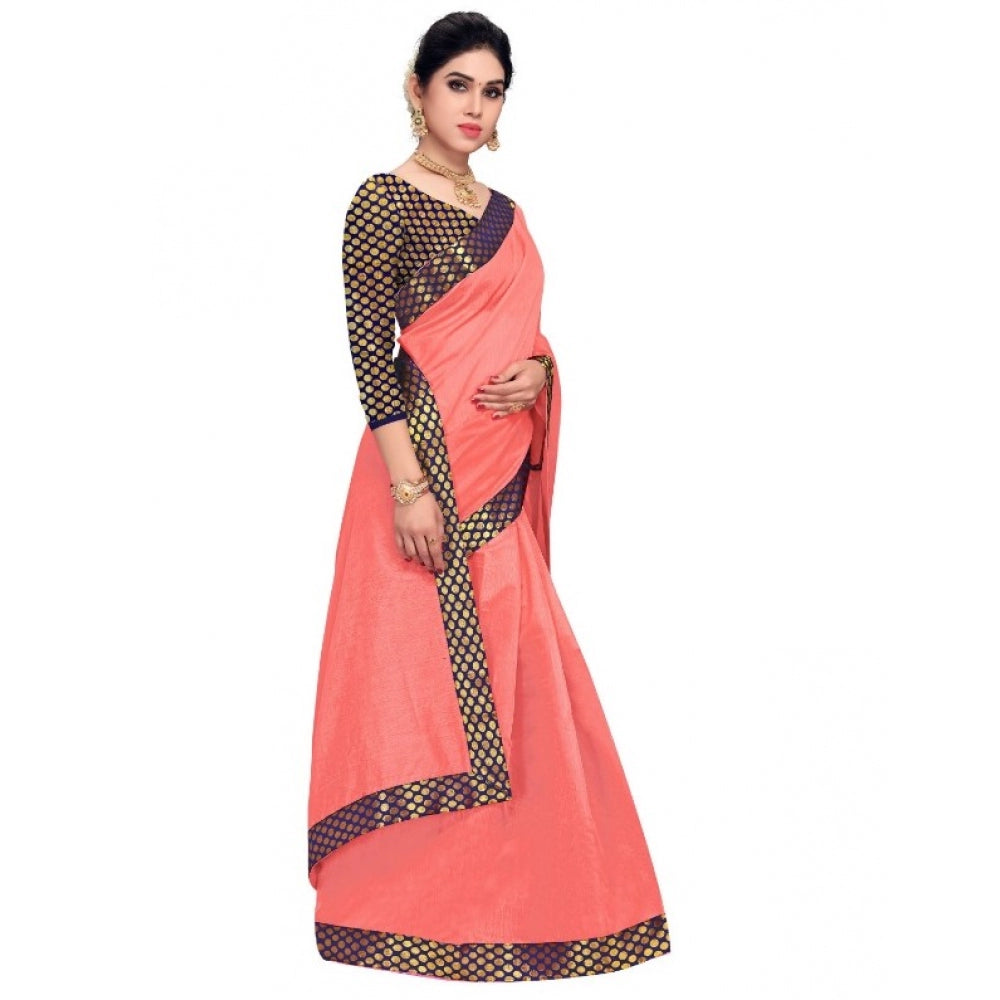 Amfyn Women's Chanderi Cotton Lace Border Saree With Blouse (Peach, 5-6 Mtrs)