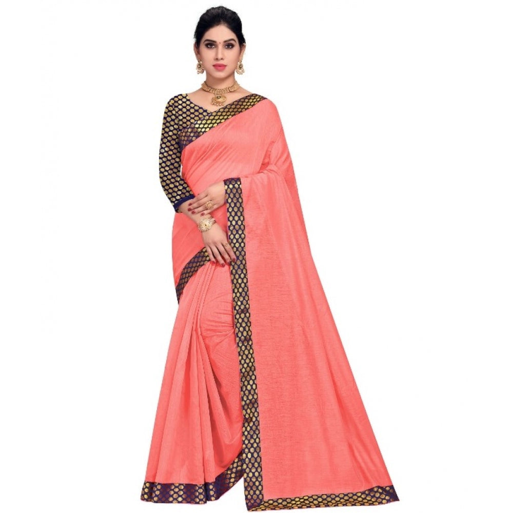 Amfyn Women's Chanderi Cotton Lace Border Saree With Blouse (Peach, 5-6 Mtrs)