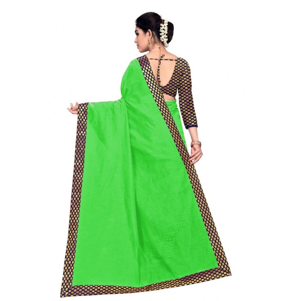 Amfyn Women's Chanderi Cotton Lace Border Saree With Blouse (Green, 5-6 Mtrs)